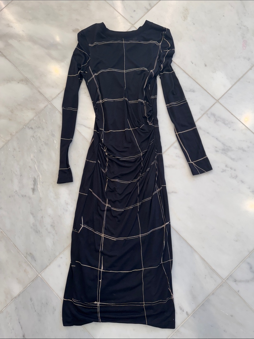 Hugo Boss Black Long-Sleeve Windowpane Ruched Midi Dress Hidden Side Zipper.